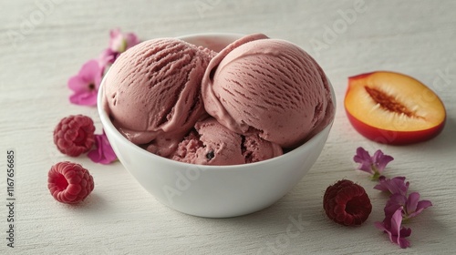 Delicious raspberry peach ice cream served in a bowl with fresh fruit garnishes