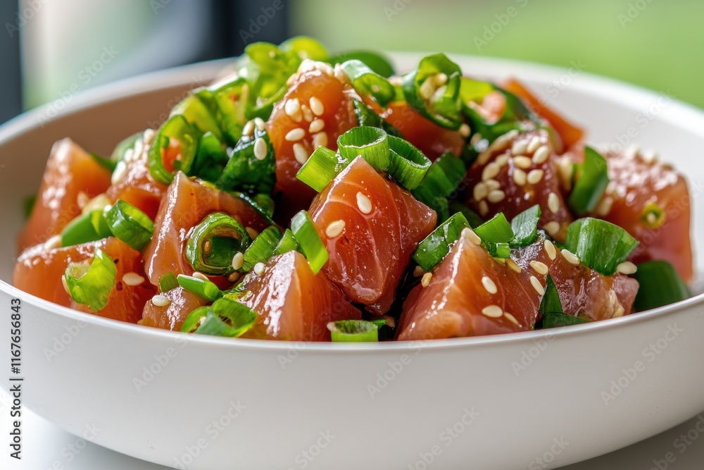 scenic island cuisine, tasty island-style ahi poke with green onions and sesame seeds on a white plate, set in a modern kitchen with windows scenic island cuisine, tasty island-style ahi poke with green onions and sesame seeds on a white plate, set in a modern kitchen with windows