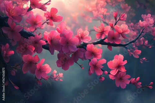 Beautiful pink blossoms on a branch with a dreamy background during springtime