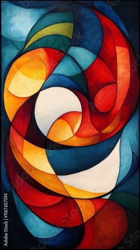Colorful abstract artwork featuring dynamic swirling shapes and contrasting t...
