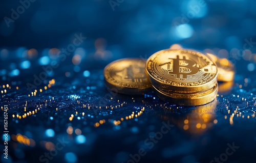 Digital coins shine in focus with a glowing, abstract background showcasing c...