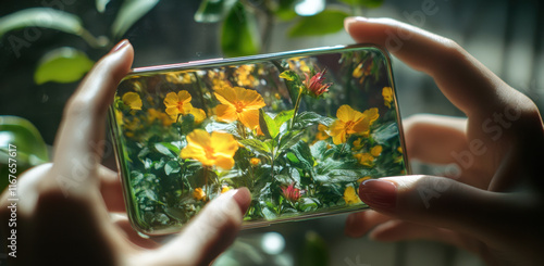 Hands hold a smartphone capturing vibrant yellow flowers in a lush garden. Sunlight filters through the leaves, enhancing the colors and details of the blossoms.