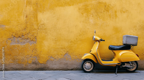 Colorful yellow scooter parked against vibrant wall in urban setting
