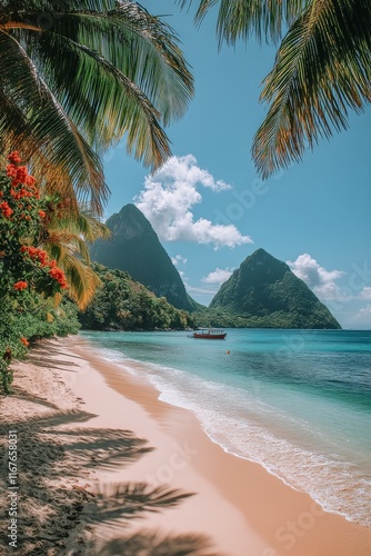 Stunning tropical beach with palm trees and serene waters in a mountainous la...
