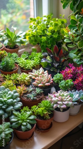 Display of Various Succulent Plants in a Bright Indoor Garden Setting