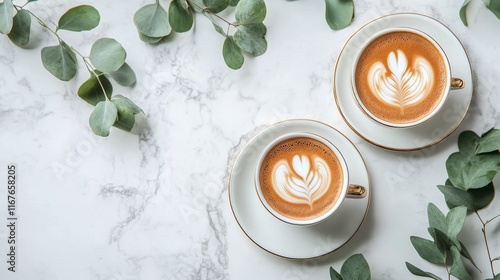 Cozy coffee cups with latte art surrounded by greenery on marble table