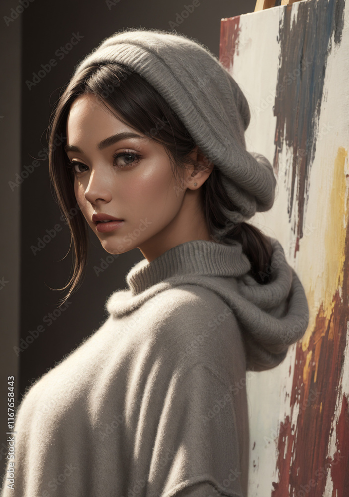 Naklejka premium portrait of a woman in all grey, standing in between the viewer and a piece of abstract art