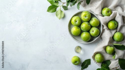 Fresh green plums in a wooden bowl with leaves on a textured surface