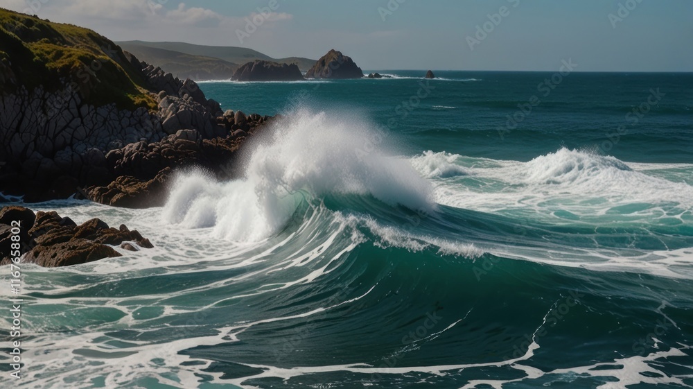Fototapeta premium Powerful ocean waves crashing against rocky coastline on a sunny day.