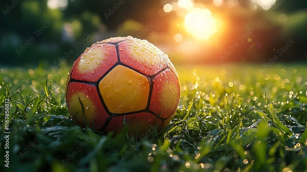 Fototapeta premium A soccer ball is sitting on the grass in the sun