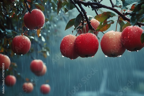 Red apples hang from branches with rain cascading in a lush forest setting