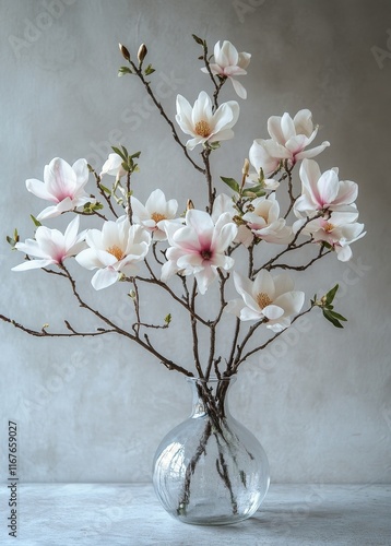 Beautiful pink magnolia flowers arranged in a vintage glass vase on a neutral...