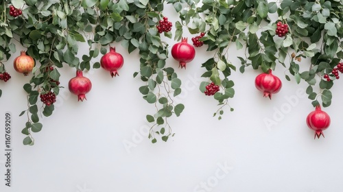 Fresh pomegranates and greenery arrangement for autumn season