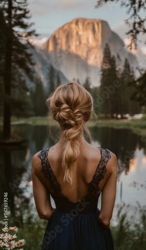 Stunning reflection of a mountain in serene water with a lone person in natur...