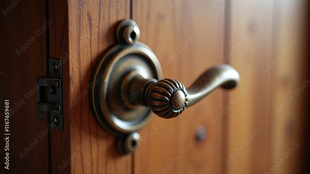 Obraz premium Beautiful chalet door handle with a rustic charm against wooden background