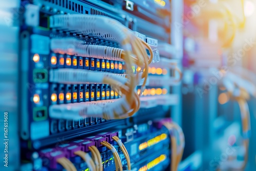 Fiber optic cables connected to an optic ports in data center photo