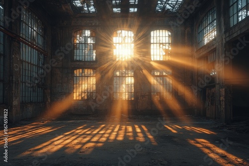 Sunlight streaming through windows in an abandoned industrial building at dusk