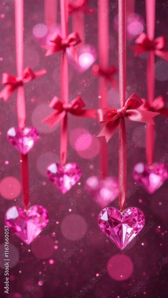 Fototapeta premium Valentine's day festive background with A pink background with a bunch of pink hearts hanging from a red ribbon. The hearts are made of crystal and are hanging from a string