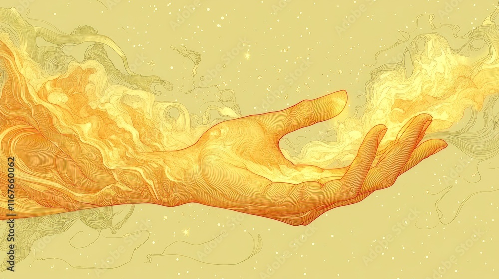 Fototapeta premium A stylized hand emanating swirling golden energy against a soft background.