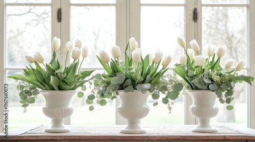 Beautiful white tulip arrangements on a wooden table in a bright room with la...