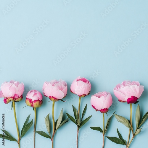 Colorful peonies arranged against a blue background create a vibrant floral d...