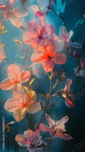 Soft pastel flowers in a serene garden illuminated by gentle sunlight during ...