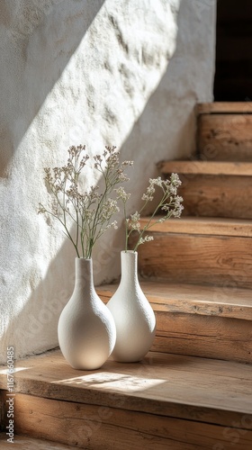 Elegant vases with dried flowers placed on wooden staircase in sunlit interior