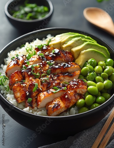 Delicious chicken bowl with rice, avocado, and green peas served on a dark table