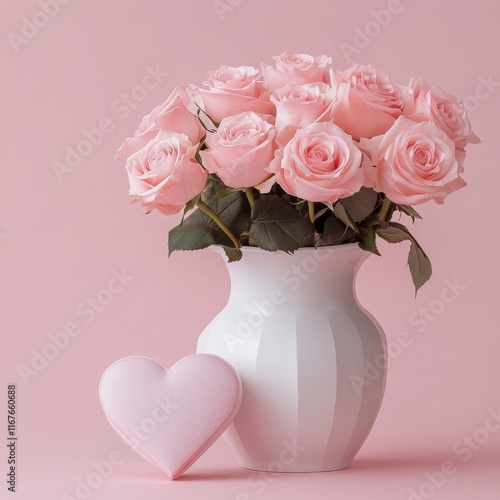 Pink roses in a white pot with a heart decoration against a pastel pink backg...