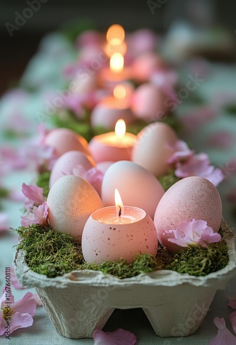 Decorative spring arrangement with candles, eggs, and flowers for Easter cele...