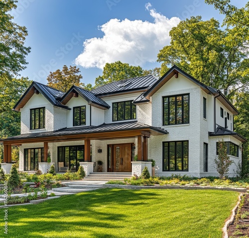 Modern house with large windows and landscaped yard in daytime