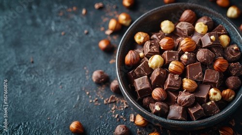 Dark chocolate and hazelnuts scattered on textured black surface for dessert ...