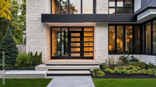 Modern minimalist house design with stone facade and sleek landscaping in bri...