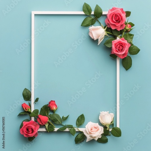 Floral arrangement with red and white roses on a blue background for creative...
