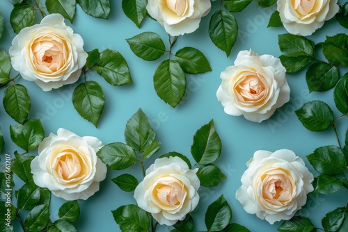 Elegant arrangement of white roses and green leaves on a soft blue background
