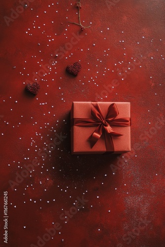 Decorative red background with hearts and ribbon for romantic celebrations an...
