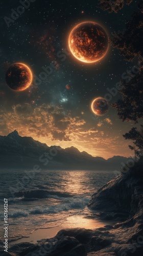 Stunning view of the solar system with planets aligned and surrounded by a st...