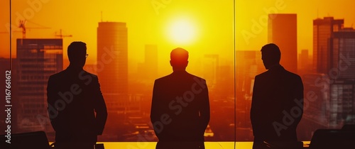 Business professionals observing sunset over city skyline during evening meeting