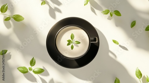 Coffee cup with floral accents on soft fabric in warm light creates a serene ...