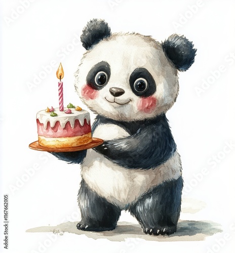 Cute panda holding a birthday cake with a candle in a festive illustration