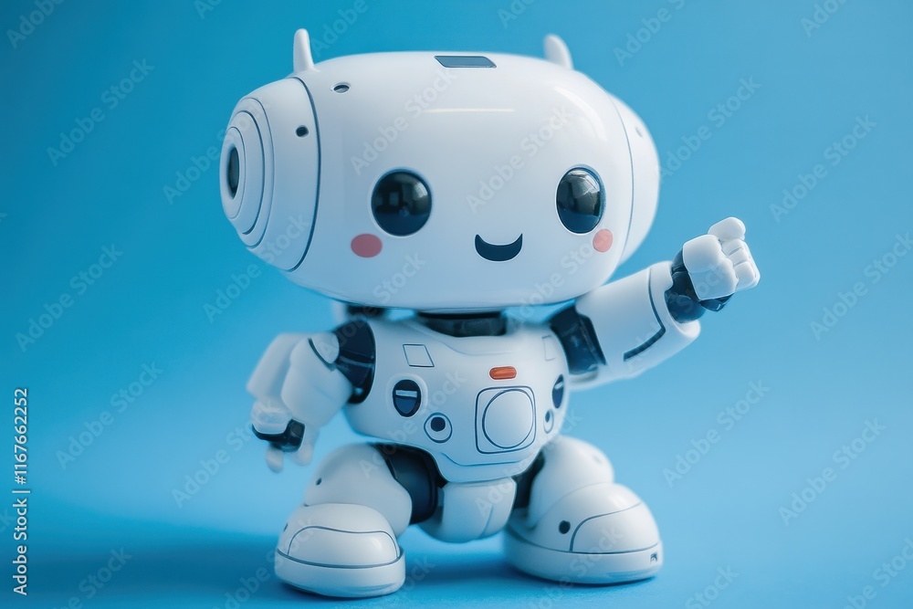 Cute robot character smiling and pointing in front of a bright blue background showcasing its friendly design Cute robot character smiling and pointing in front of a bright blue background showcasing its friendly design