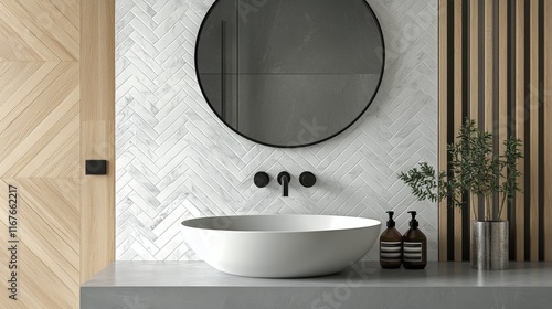 Modern bathroom design featuring a sleek basin and elegant mirror with wooden...
