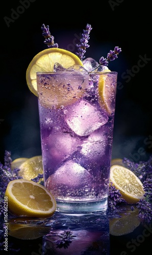 Refreshing citrus drink in a crystal glass with lemon and lavender on a woode...