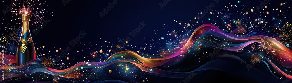 Obraz premium Lively New Year Celebration Design with Champagne Bottle and Sparkling Fireworks Background