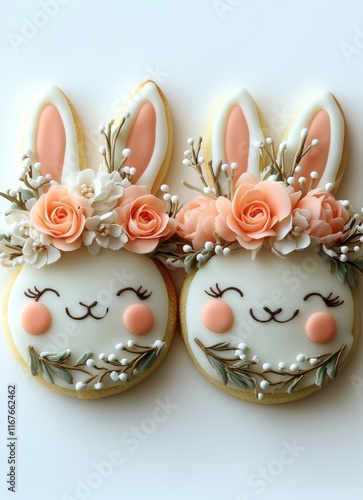 Cute bunny cookies decorated with flowers and pastel colors for special occas...