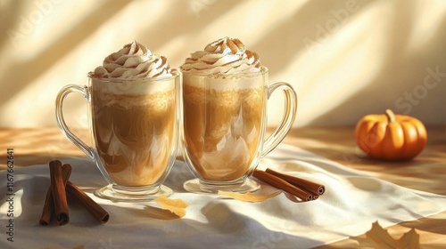 Warm drinks in cozy setting with pumpkins and cinnamon on a soft autumn after...