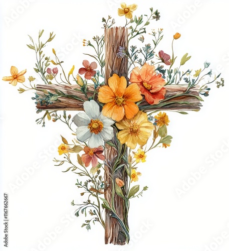 Floral cross design with colorful blossoms on a white background in a delicat...