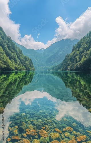 Serenity of a mountain lake surrounded by lush greenery and majestic peaks un...