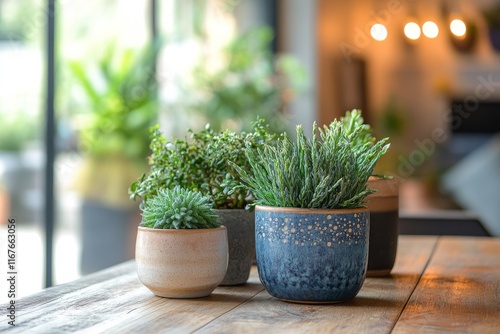 Lush green plants in decorative pots arranged on a rustic wooden table indoors
