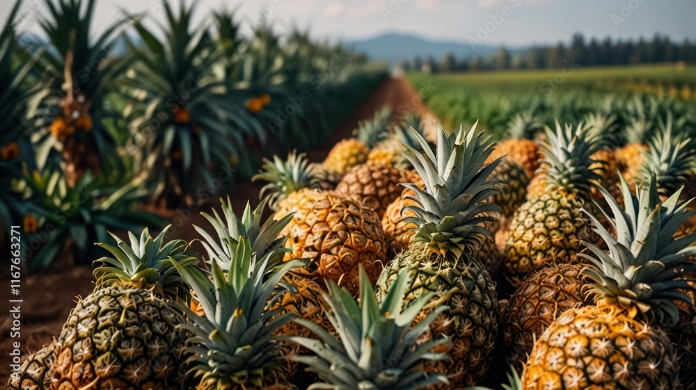 Ripe pineapples in a sunlit plantation. Ripe pineapples in a sunlit plantation.